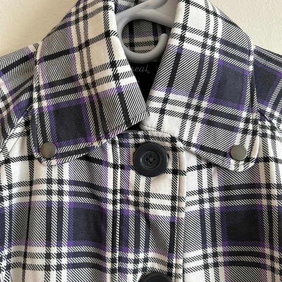 Size S Wet Seal Purple, Gray, and White Plaid belted and button up Women's Trenc - Picture 3 of 10